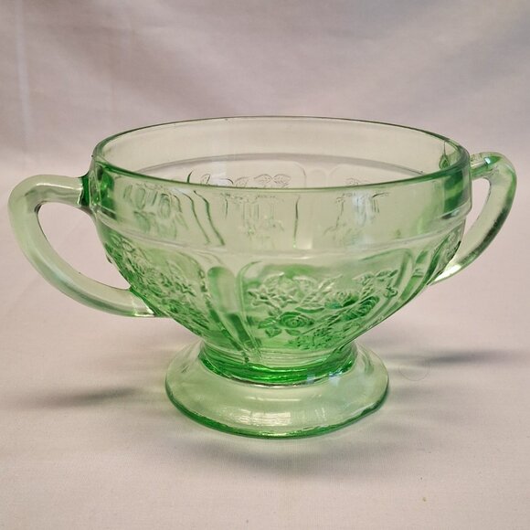 Vintage Depression Glass Green Sugar Bowl Federal Glass Sharon Cabbage Rose - Picture 1 of 11